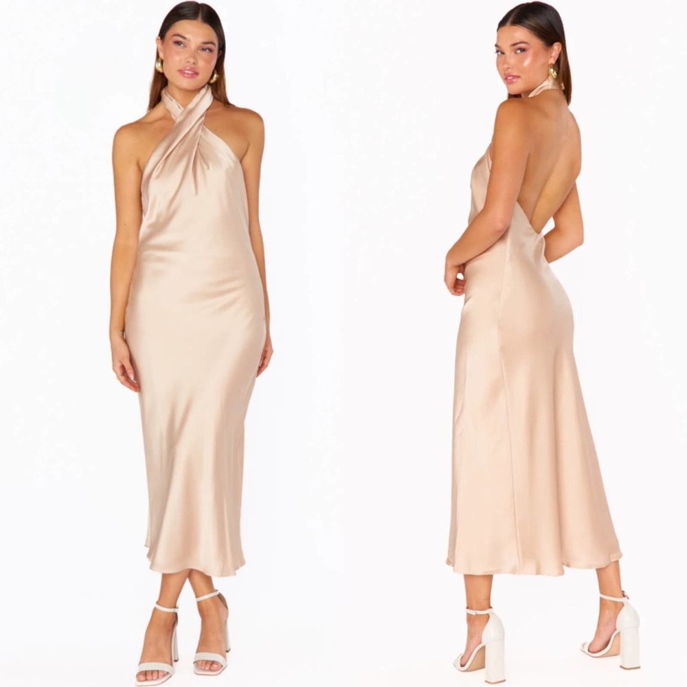 Show Me Your Mumu Jasmine Halter Midi Dress Medium Champagne Luxe Satin